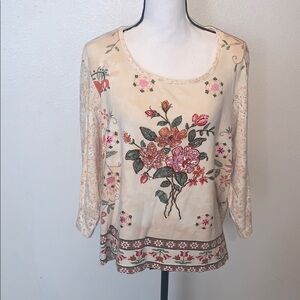 Vintage Gloria Vanderbilt Floral Embroidered Cream Shirt Sequined Beaded